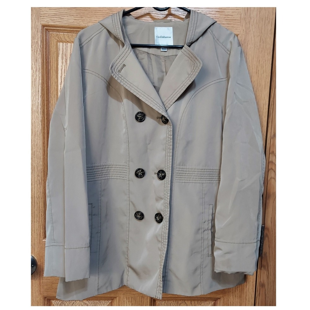 Croft & Barrow Tan Khaki Double Breasted Hooded Jacket Womens XL Lightweight